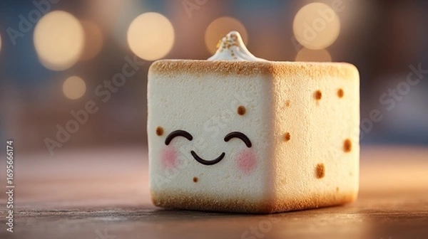 Fototapeta Happy Marshmallow Cube with Toasted Edges and Cute Smiling Face on Wooden Table