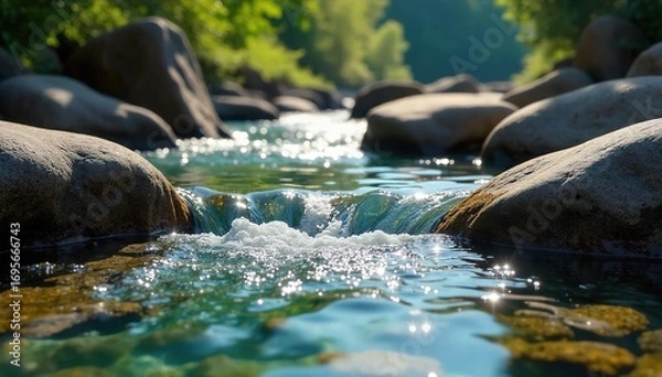Fototapeta Serene Freshwater Stream Sunlight Dapples Crystal-Clear Water Flowing Over Smooth Rocks in a Tranquil Natural Scene, Ideal for Travel and Nature Photography