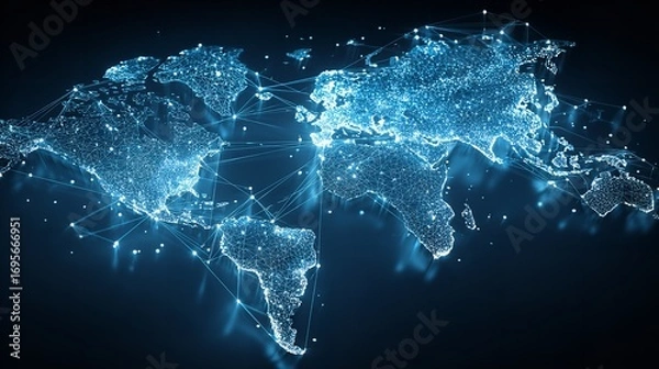 Fototapeta Futuristic World Map Network: Global Connection and Data Visualization for Technology and Communications