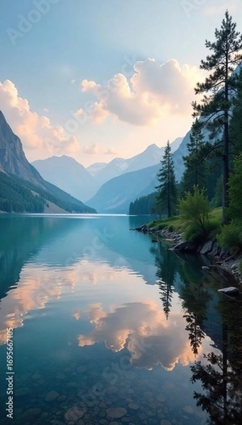 Fototapeta Serene lakeside view, perfect for relaxation and leisure Calm water reflects the tranquil sky, ideal for peaceful contemplation or quiet enjoyment , sun, calm, soothing