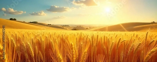 Fototapeta Golden wheat field shimmering under a summer sun, ripe for harvest Rolling hills create a picturesque landscape, perfect for idyllic backgrounds or agricultural themes , farm, farming, vista