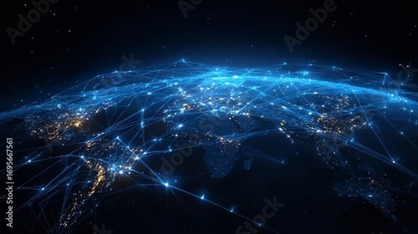 Fototapeta Illuminated Global Connections: Network of Light Emanating from a Modern World Data Visualization