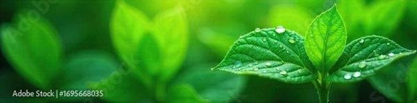 Fototapeta Close-up of vibrant, dewy green leaves, glistening with condensation after a refreshing rain shower; conveying a sense of revitalization and natural energy , dew, natural