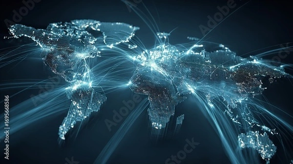 Fototapeta Abstract Global Connectivity: Blue Lines and Dotted World Map Representing Worldwide Data Transmission