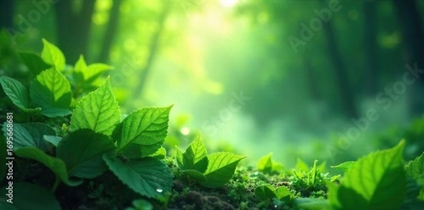 Fototapeta Ethereal mist clinging to vibrant green leaves, sunlight filtering through, creating a magical, serene atmosphere Perfect for nature, fantasy, and mystical themes , nature, leaves, humid