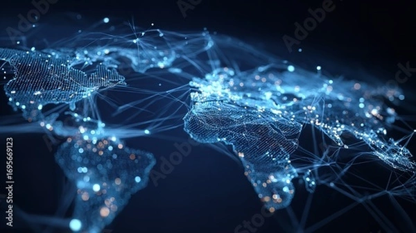 Fototapeta Digital World Map: Global Network Connectivity and Technology Innovation on Dark Background.