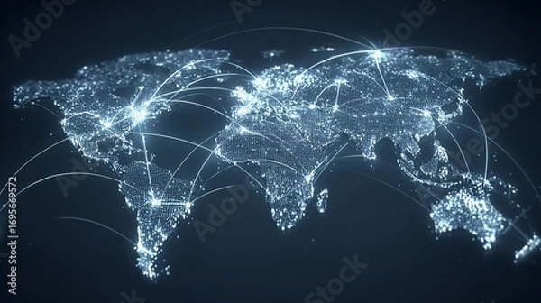 Fototapeta Glowing world map highlighting global interconnectedness and digital communication network connections on a dark background.