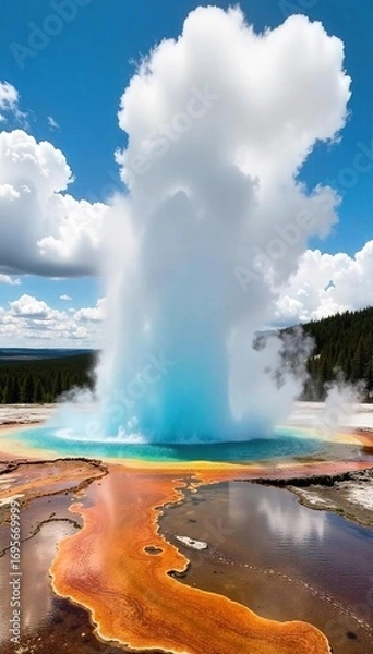Fototapeta Spectacular eruption of Old Faithful geyser in Yellowstone National Park, hot water, steam, and mineral deposits A breathtaking display of nature's power , wilderness, eruption