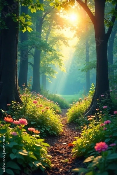 Fototapeta Serene nature scene depicting a sunlit forest clearing with vibrant flora, conveying a sense of tranquility and natural healing energy ,  ecosystem,  forest,  leaves
