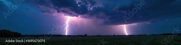 Fototapeta Dramatic thunderstorm with powerful lightning bolt striking the ground, illuminating the dark landscape Intense weather, nature's fury , fantastic, meteorological
