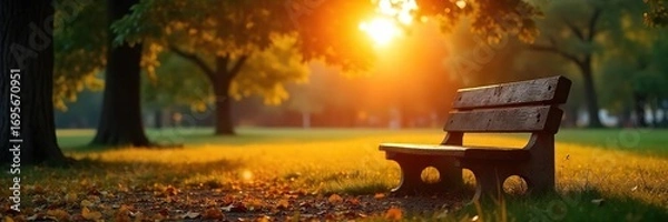 Fototapeta Serene sunrise illuminates a park bench, bathed in golden light Perfect for peaceful morning, relaxation, and nature themes Ideal for websites, blogs, and social media posts , fresh start, summer