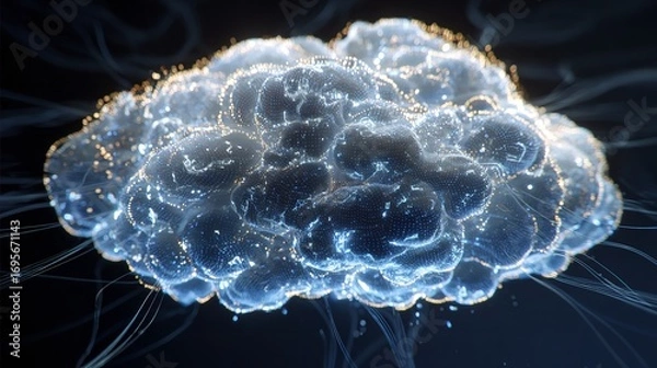 Fototapeta Abstract Neural Network Cloud: A Digital Brain with Artificial Intelligence Connection and Data Transfer