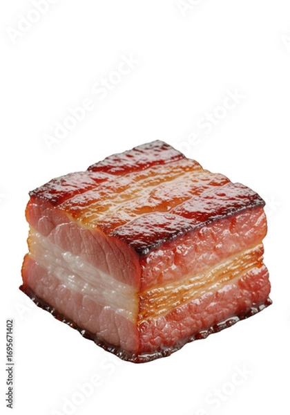 Obraz Focus on thick-cut bacon with glistening fat and crispy meat, blurred fried egg and sausage in background, on transparent. Delicious food concept