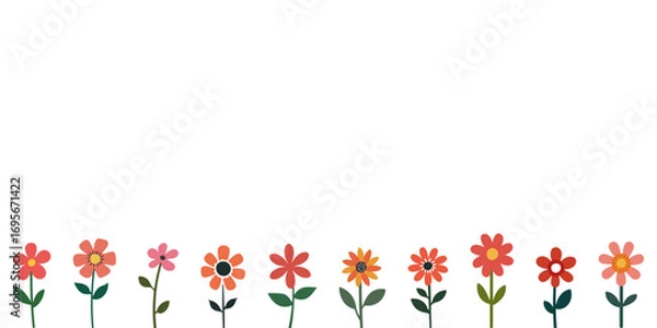 Fototapeta Cute bright flowers in a row on a bottom of white background. Flat style, minimal and playful design. Perfect for kids, nursery decor, greeting cards, and floral-themed projects.