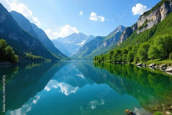 Fototapeta Serene mountain lake reflecting a clear blue sky, surrounded by lush green trees and rocky cliffs  Ideal for travel brochures, tourism websites, and nature documentaries ,  poster,  panorama