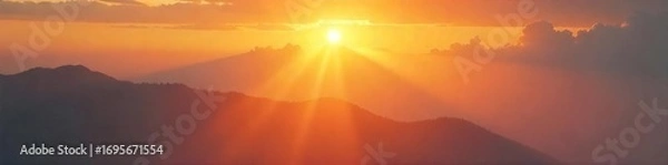 Fototapeta Golden hour sunbeam cuts through hazy sunset clouds, illuminating landscape with warm, vibrant light Perfect for nature, travel, and serenity themes , light, purple
