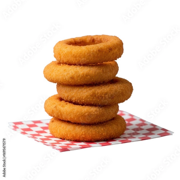 Obraz Perfectly stacked golden-brown crispy onion rings on red and white checkered wax paper, against a transparent background, isolated with soft studio light, professional food photography concept