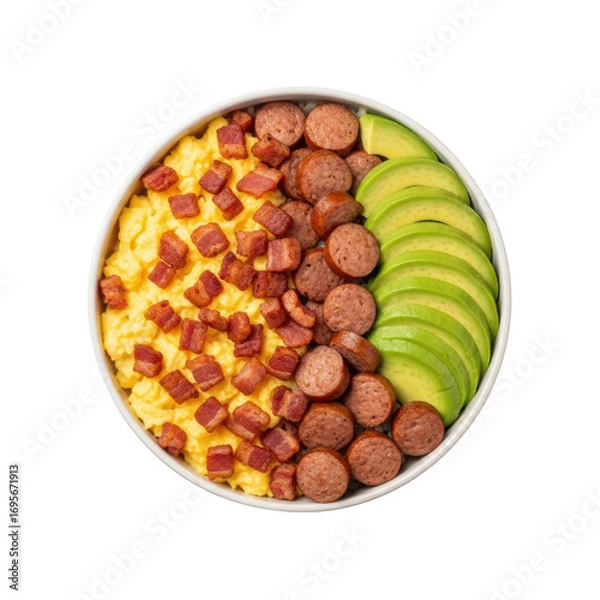 Obraz Golden fluffy scrambled eggs, crispy bacon, sliced sausage & fresh avocado in a breakfast bowl, a detailed top-down flat lay on transparent, concept of healthy morning meal