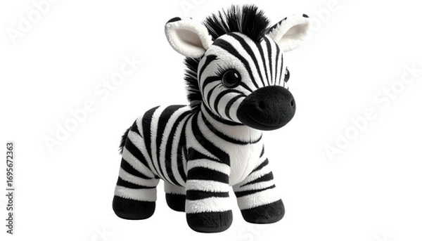 Fototapeta Realistic zebra plushie doll with soft texture, black and white stripes, isolated on transparent background, PNG format.
