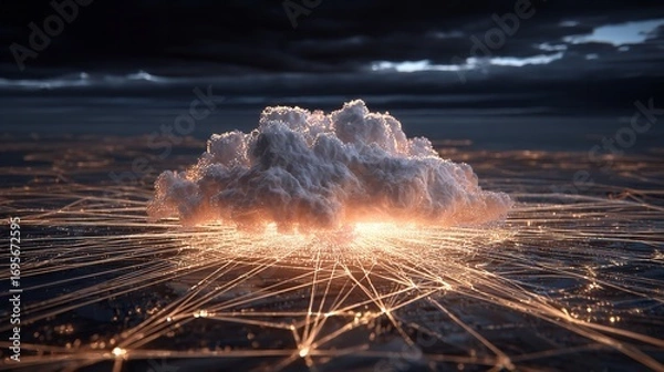 Fototapeta Ethereal Cloudscape: A Digital Network Connected to a Glowing Cloud Above the Ground