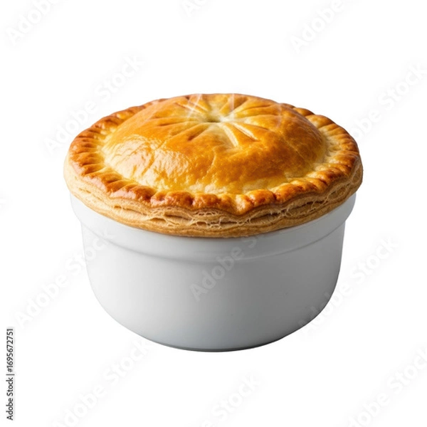 Obraz A steaming, perfectly baked single-serving steak and ale pie with golden-brown, flaky puff pastry in a white ramekin on a transparent background, delicious comfort food concept