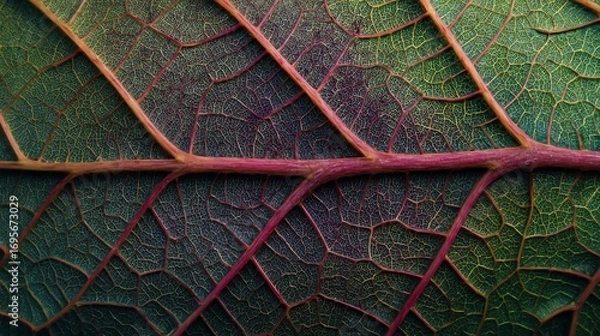 Fototapeta Close-up view of a leaf's intricate vein structure, showcasing natural patterns and vibrant colors of green and red.