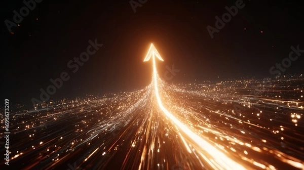 Fototapeta Golden Light Streams Ascending to Arrow Point, Symbolizing Success and Innovation on Dark Backdrop