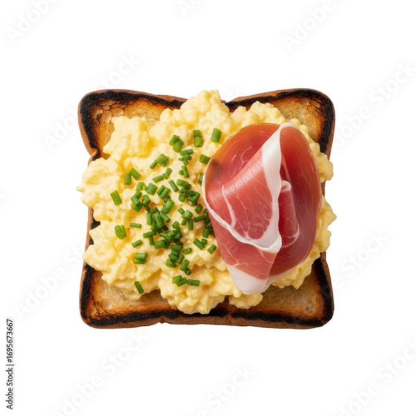 Obraz A gourmet open-faced breakfast sandwich with golden brioche, fluffy scrambled eggs, vibrant chives, and delicate prosciutto on a transparent background, soft studio lighting, appetizing food concept