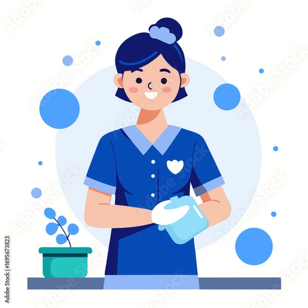 Obraz Cartoon cleaning lady with cleaning gloves, providing hygiene and sanitation services with a smile