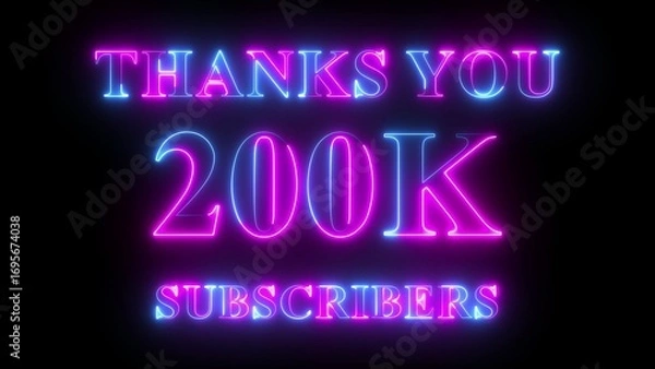 Obraz Thank You 200k Subscribers neon text in pink and blue colors, social media celebration design, glowing milestone animation, digital follower achievement background