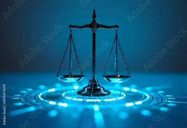 Fototapeta Futuristic justice scales merge with digital technology, symbolizing law’s evolution through AI, automation, and cyber systems. Concept highlights modern legal innovation, courtroom transformation.