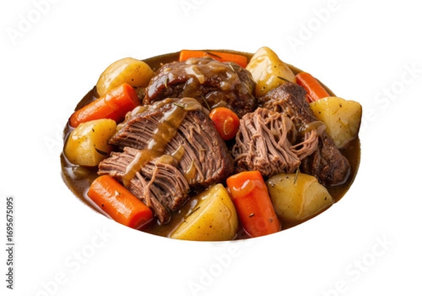 Obraz A hearty slow-cooked pot roast with tender braised beef, vibrant carrots, creamy potatoes, and thick herbal gravy in a rustic ceramic bowl, isolated on transparent. Concept of comforting home-cooked