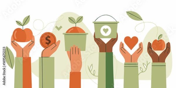 Fototapeta Diverse hands offering support and resources for community growth and well being