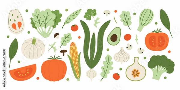 Fototapeta A vibrant collection of fresh vegetables and produce arranged in a playful and colorful pattern