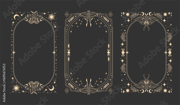 Fototapeta Magical esoteric frame, mystical linear decoration with moth, moon, stars isolated on gray background. Vector illustration. 
