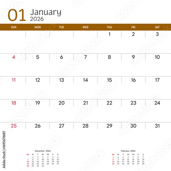 Fototapeta January 2026 Calendar. Week start on Sunday. Desk calendar 2026 design, simple and clean design, Wall calendar for print, digital calendar, Corporate design planner template vector.