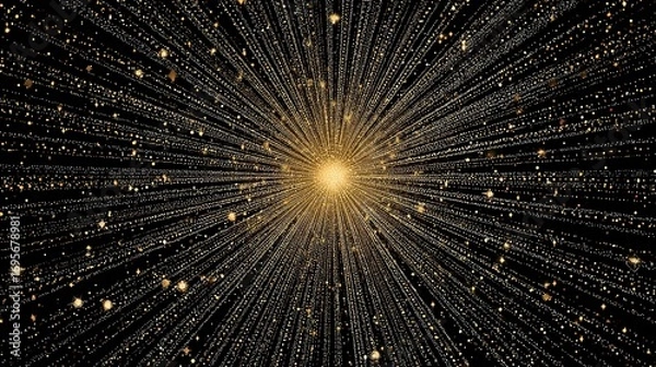 Fototapeta Golden Burst: Abstract Light Rays Expanding Outward from a Central Point on Black