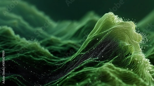 Fototapeta Abstract Digital Green Landscape with Sparkling Particles, Representing Topography and Data Visualization Elegantly