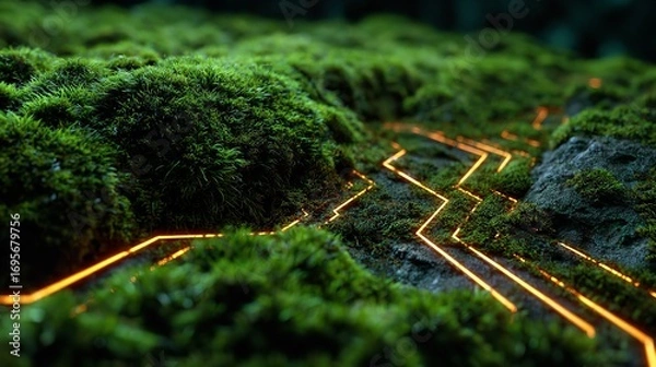 Fototapeta Glowing Path Through the Mossy Terrain: A Journey Through Nature and Technology Fusion