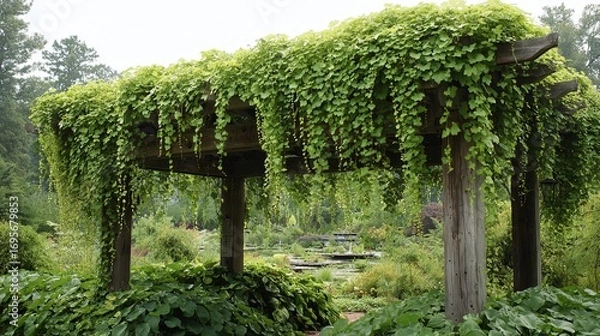 Fototapeta Wooden pergola covered in lush green vines in a garden setting.