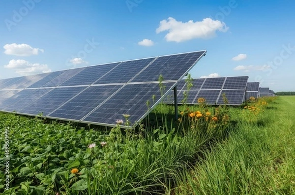 Fototapeta Array of photovoltaic solar panels converting sunlight to electricity in rural landscape under sky.