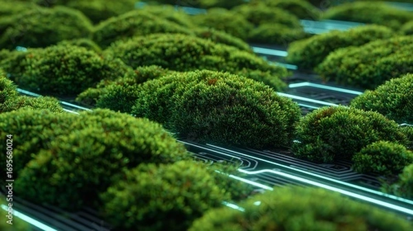 Fototapeta Sustainable Technology: Lush Green Moss Growing on Glowing Circuit Board Pathways Illustrating Eco-Friendly Computing
