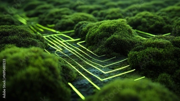Fototapeta Glowing Pathways Through Mossy Terrain: A Fusion of Nature and Technology Artistically Rendered