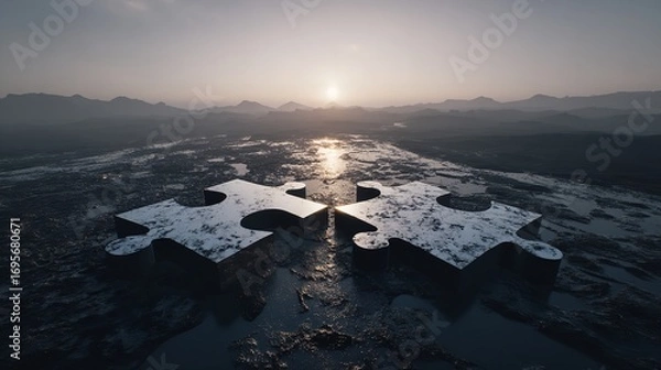 Fototapeta Two Metallic Puzzle Pieces Connect Against a Dramatic Sunset Landscape Background Image