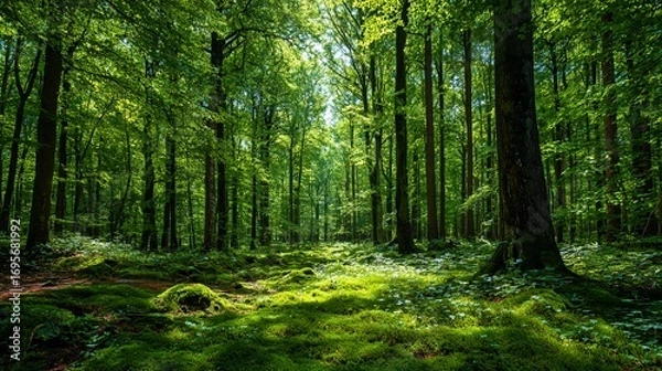 Fototapeta Sunlight streams through the lush green canopy of a dense forest, illuminating moss-covered ground and ancient trees.