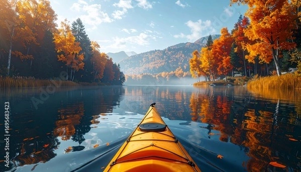 Fototapeta Autumn Kayaking Adventure: Serene Lake in Vibrant Fall Colors
