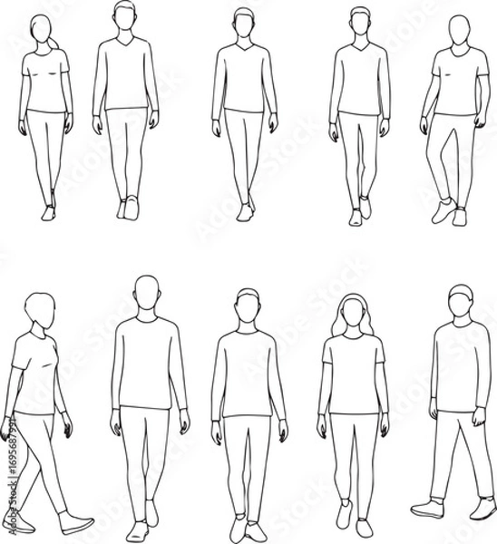 Fototapeta Line Art Silhouettes of Men and Women in Various Poses on White Background