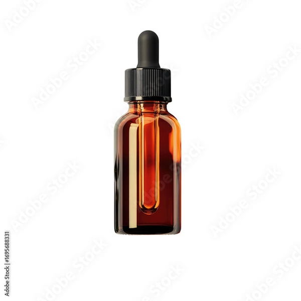 Fototapeta Isolated Amber Dropper Bottle with Tea Tree Oil and Leaves on Transparent Background