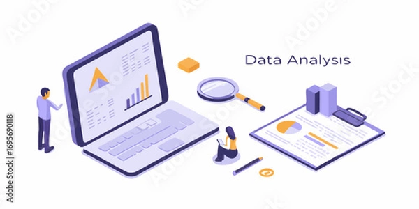 Fototapeta Isometric illustration of data analysis with people charts and laptop