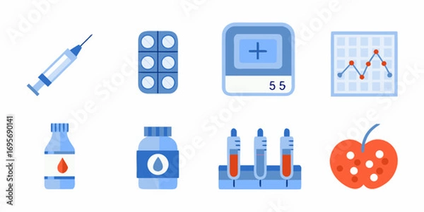 Fototapeta Collection of medical icons representing healthcare and diabetes management with a syringe blood test glucose meter and healthy food